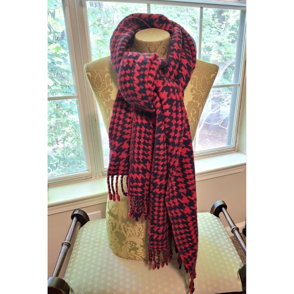 Lands End Wool Red Navy Houndstooth Scarf W/Fringe Unisex Fall Cottagecore